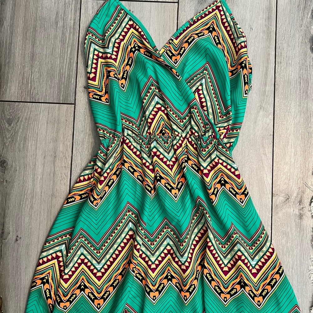 Green chevron stripe halter dress